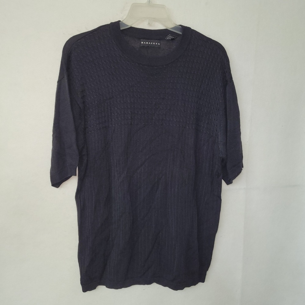 Baracuta Sweater‎ Mens XL Black Cable Knit Short Sleeve Crew Neck Top Luxury